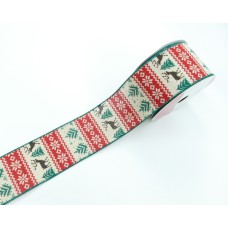 2.5 Inch Natural Wired Christmas Ribbon With A Rustic Red And Green Print Jacuard Design, 25 Feet Per Spool (Lot of 1 Spool) SALE ITEM